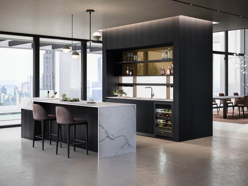 Photorealistic 3D render of a kitchen and living area