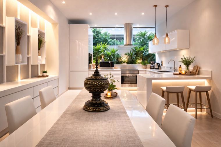 Open plan living and dining area of a furnished property