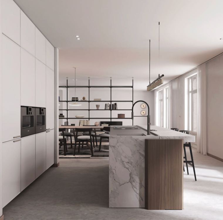 Contemporary kitchen with marble island furnished by Kasa8